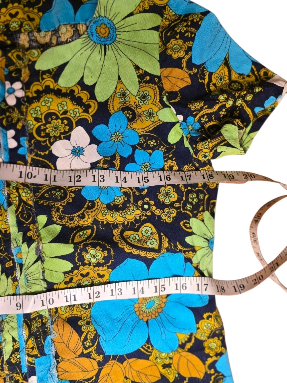 Vintage 70s Floral Romper Psych Mod Hippie Daisy Print Mini Jumpsuit Blue Green - Picture 10 of 15